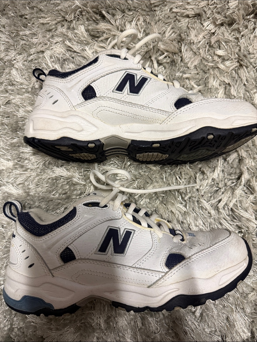 New Balance White and Navy Low-Top Athletic Sneakers